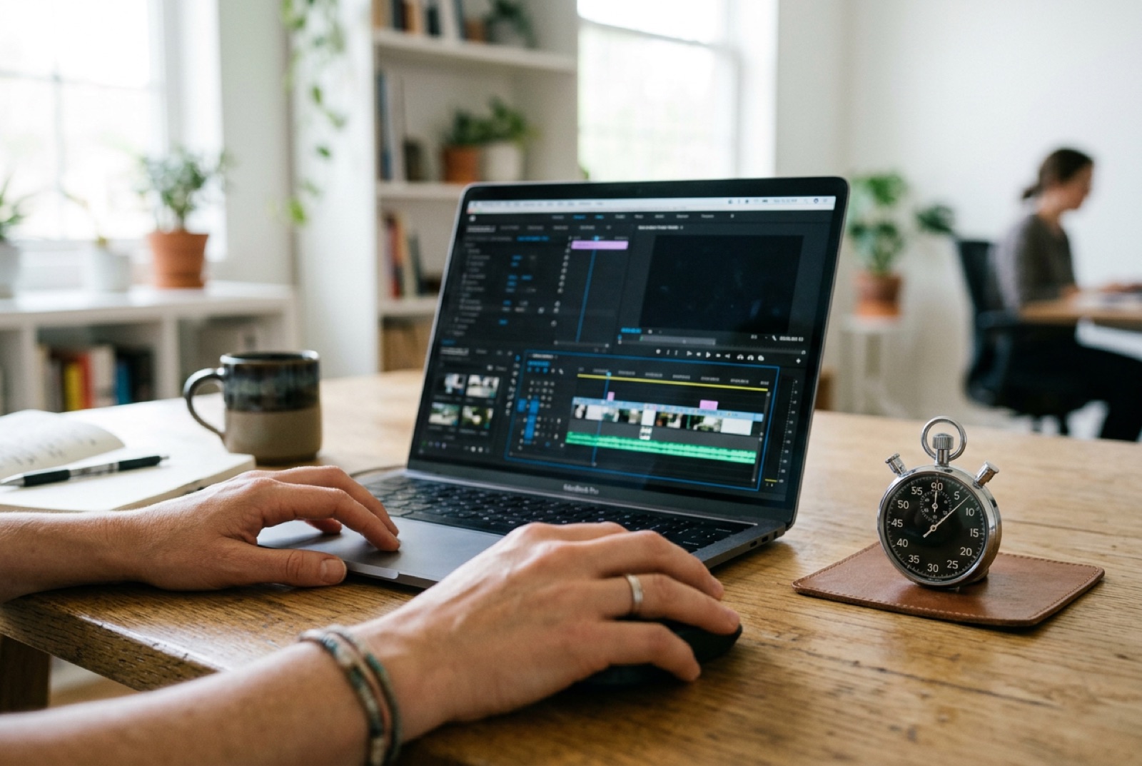 Handen scrollen door een videotijdlijn op een laptop, met een stopwatch ernaast